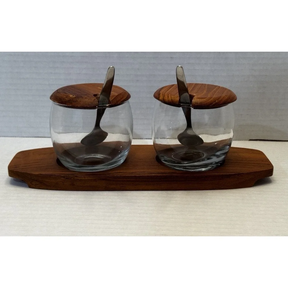 Dolphin‎ Vintage Teakwood Glass Condiment Set 2 Jars Lids Spoons Tray MCM